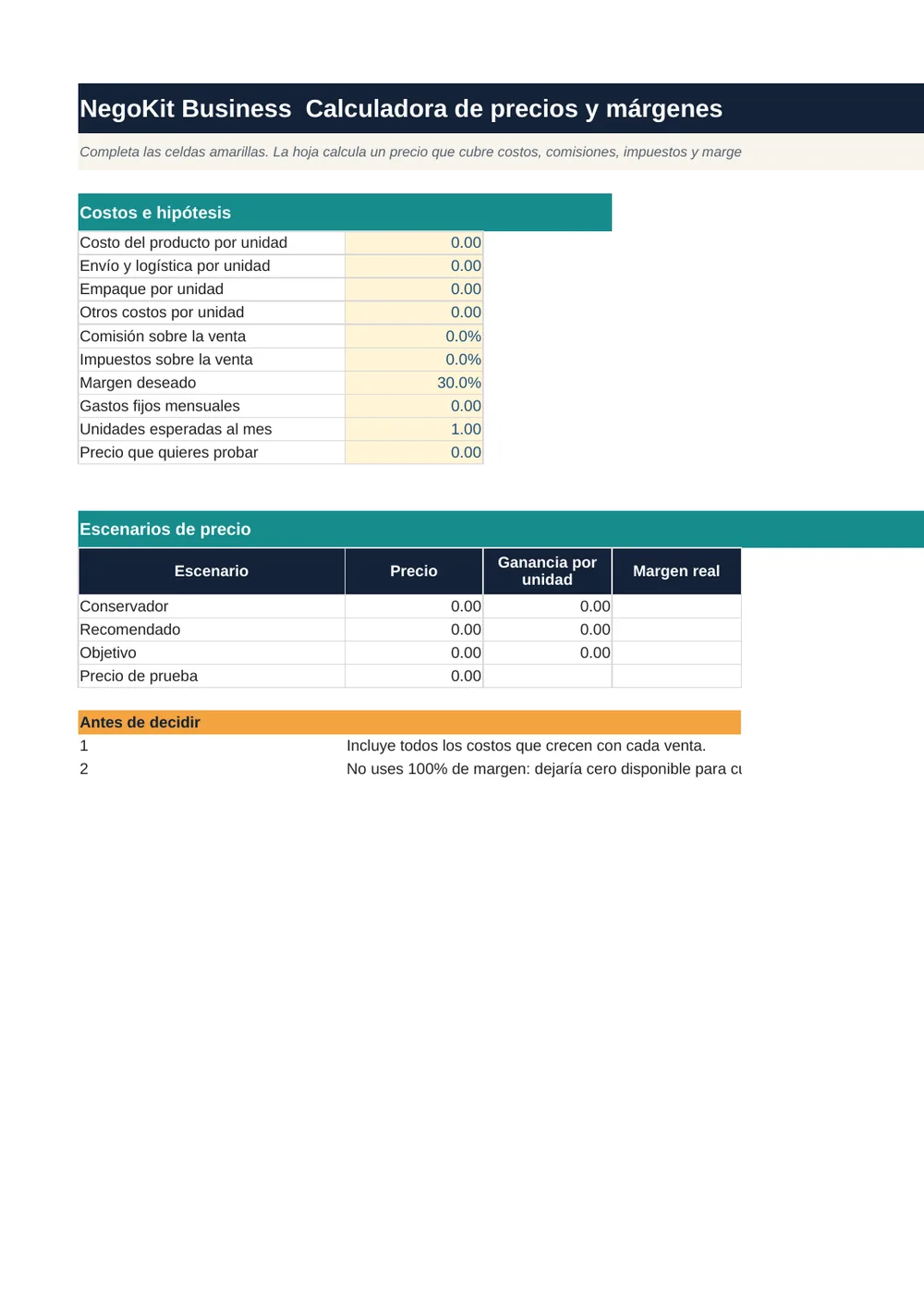 Vista real de Calculadora de Precios y Márgenes